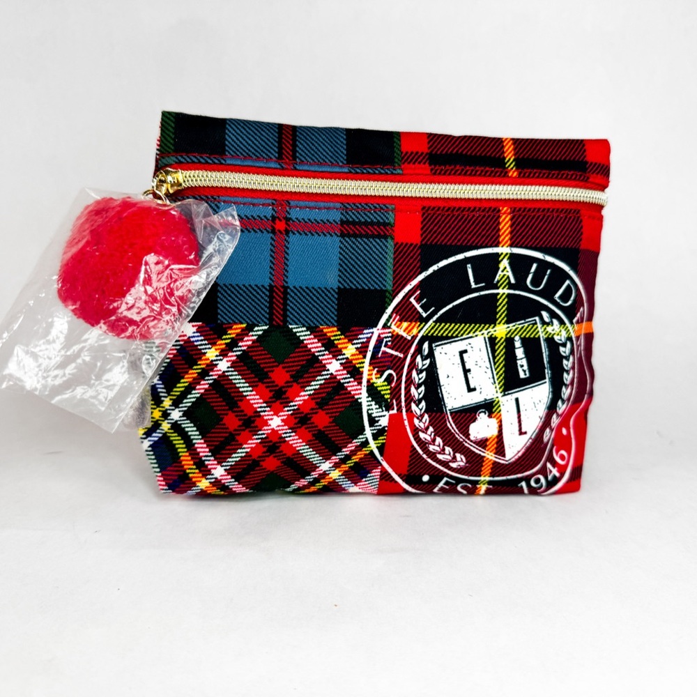 Estée Lauder Plaid Tartan Cosmetic Bag w/ Red Pom Pom – NWT Recycled Fabric